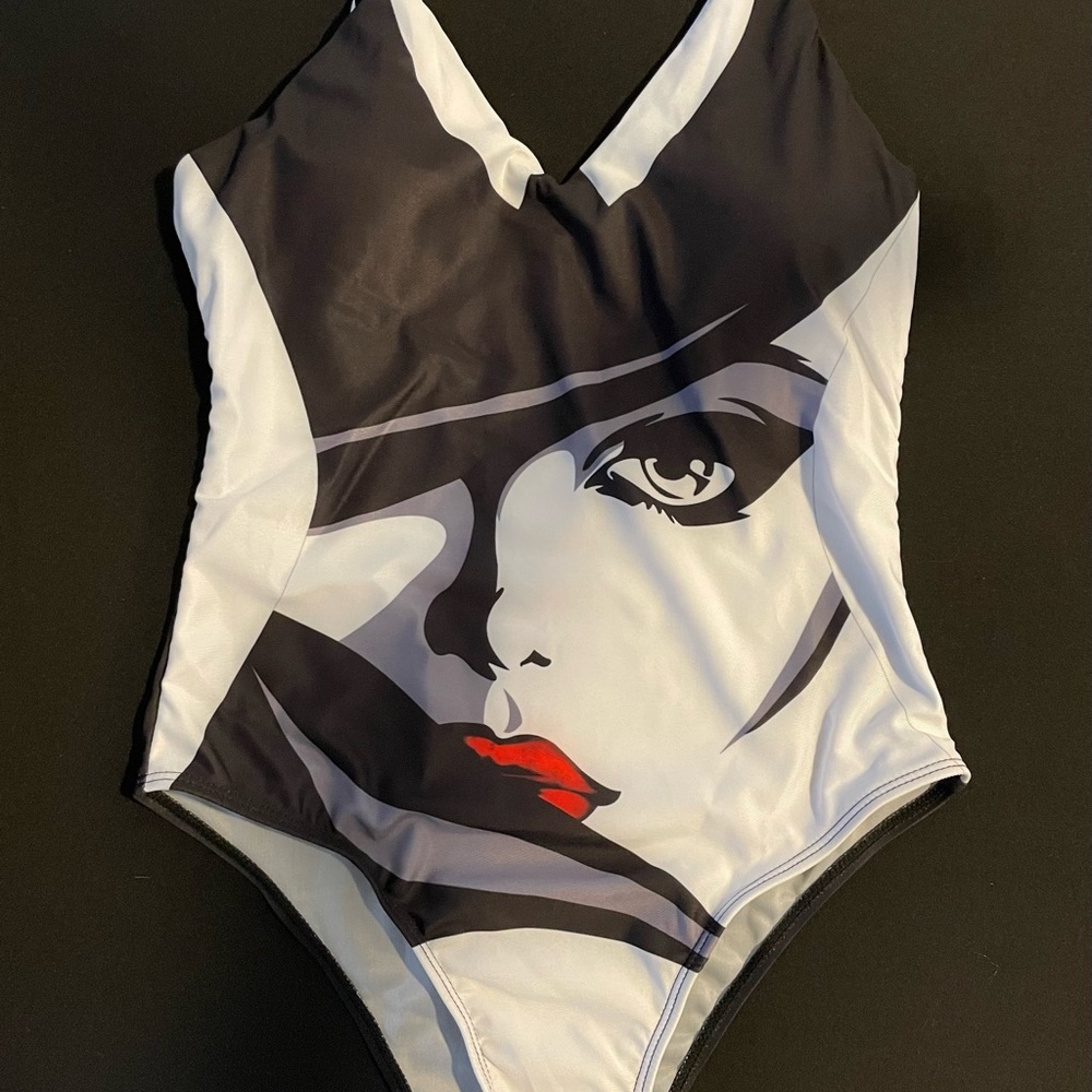 Pop Art Graphic Swimsuit Bodysuit Black White Red Portrait Halter